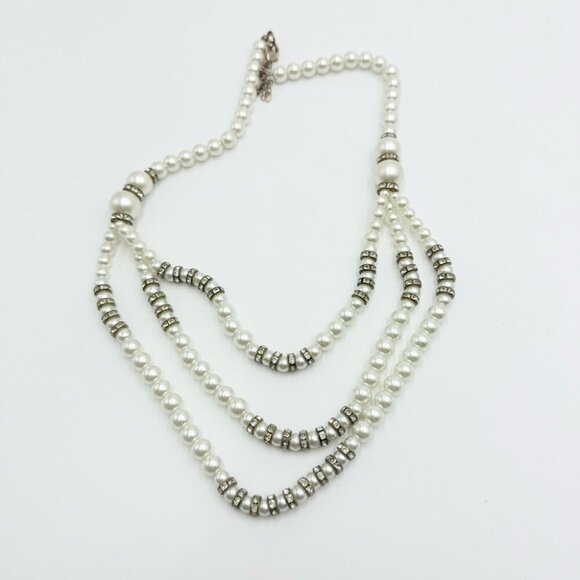 Three Strand White Glass Pearl Necklace with Crystal Accents - Picture 3 of 8